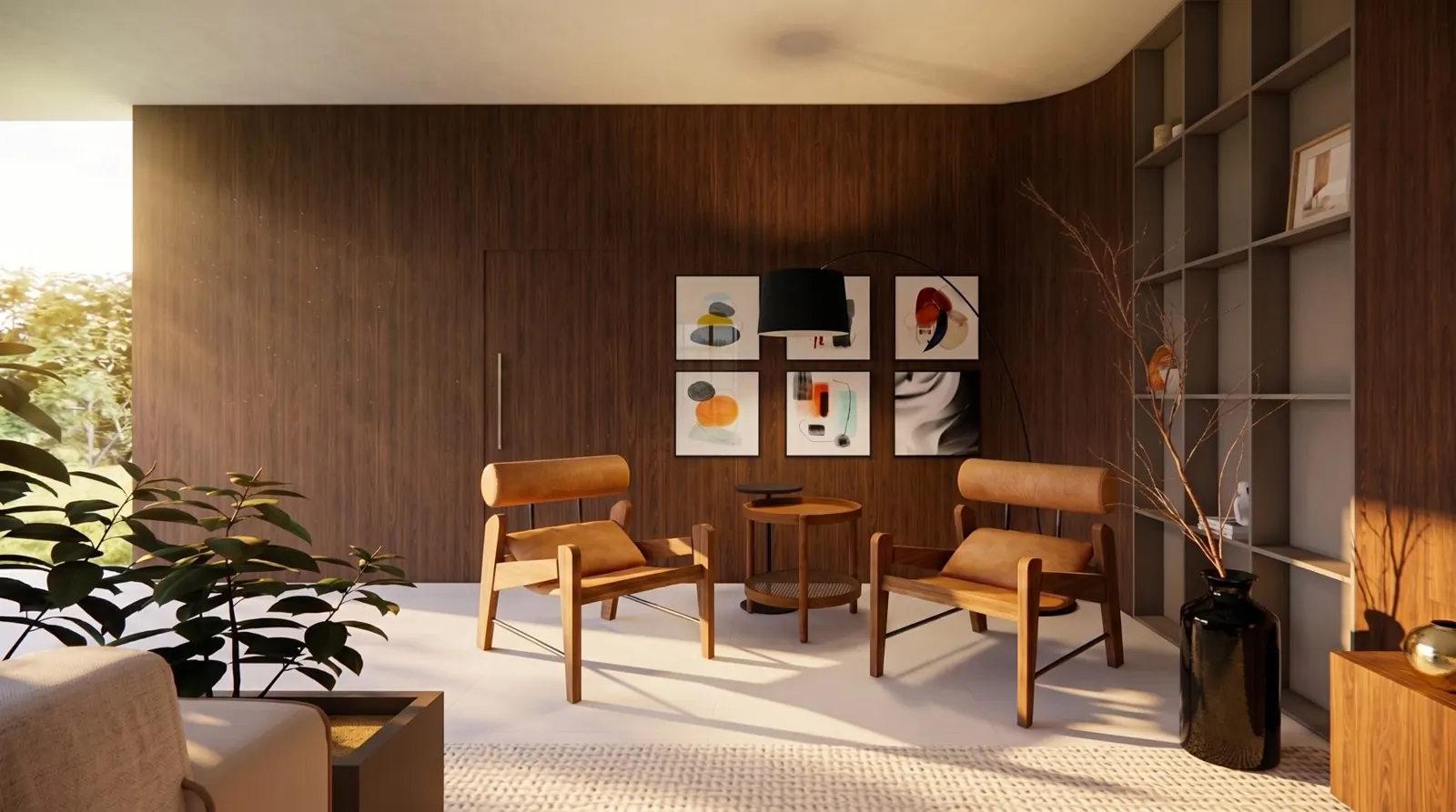 Lounge de estar com painéis de madeira